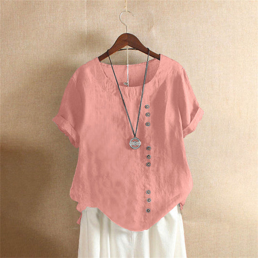 Xaria | Women’s Elegant  Round-Neck Blouse  with Short-Sleeve | Button