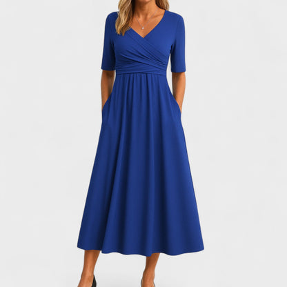 Zaviera | Women Elegant Wrap Midi Dress with Short Sleeves and Relaxed Fit