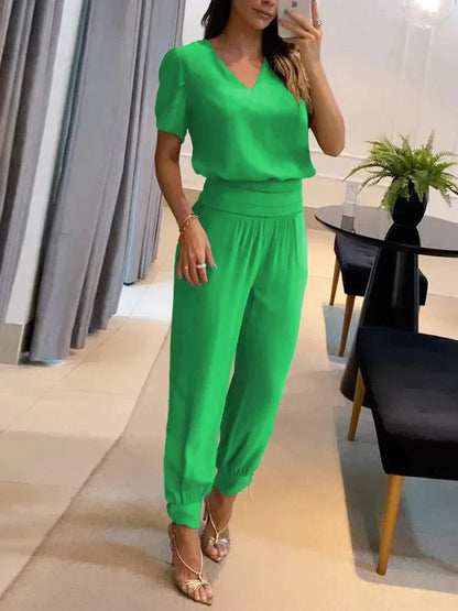Orlina | Women Casual Two Piece Set with V Neck Top and Loose Pants