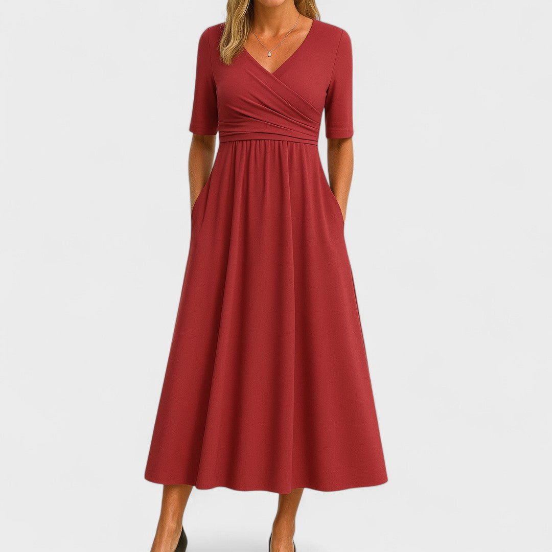Zaviera | Women Elegant Wrap Midi Dress with Short Sleeves and Relaxed Fit