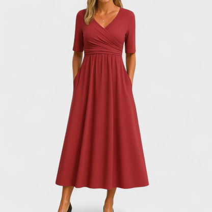 Zaviera | Women Elegant Wrap Midi Dress with Short Sleeves and Relaxed Fit