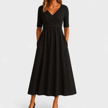 Zaviera | Women Elegant Wrap Midi Dress with Short Sleeves and Relaxed Fit