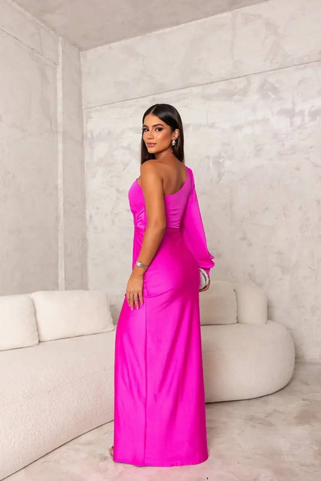 Monroe | One shoulder maxi dress with draped sleeve slit