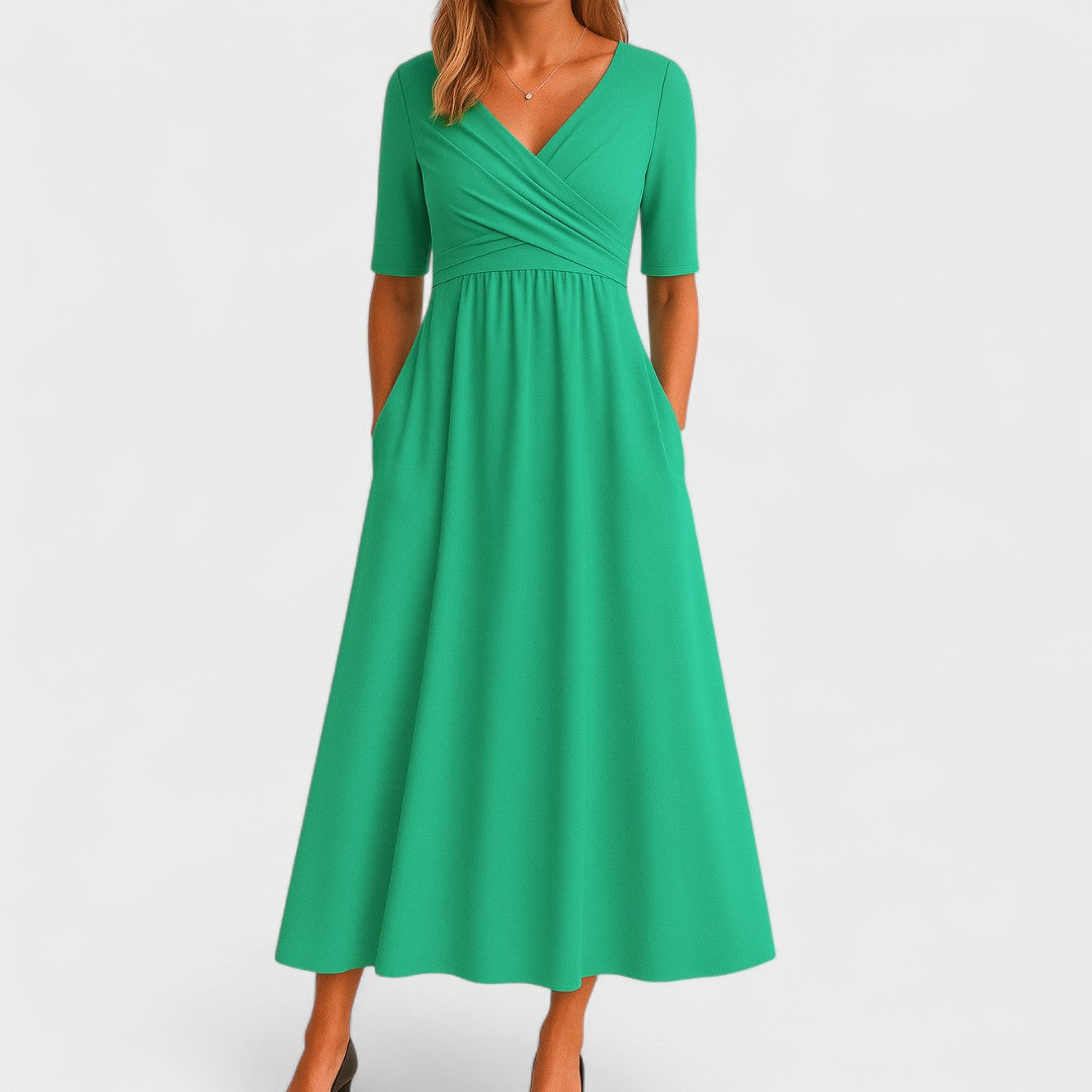 Zaviera | Women Elegant Wrap Midi Dress with Short Sleeves and Relaxed Fit