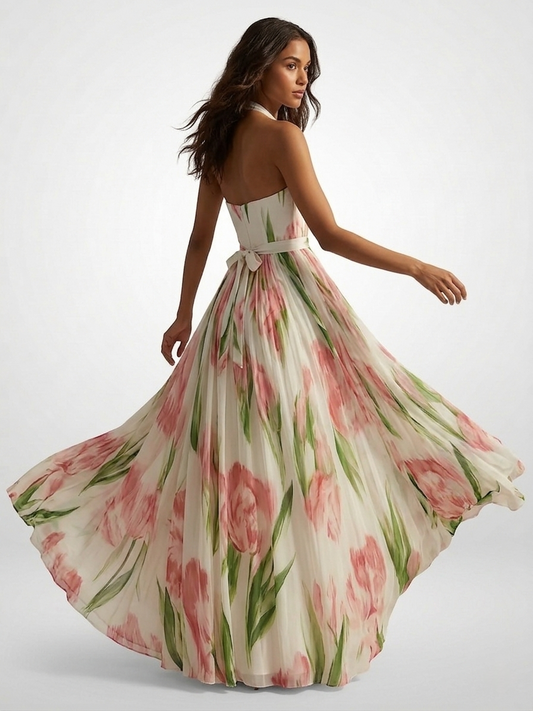 Scarlett | Women’s chiffon floral watercolor maxi dress with halter