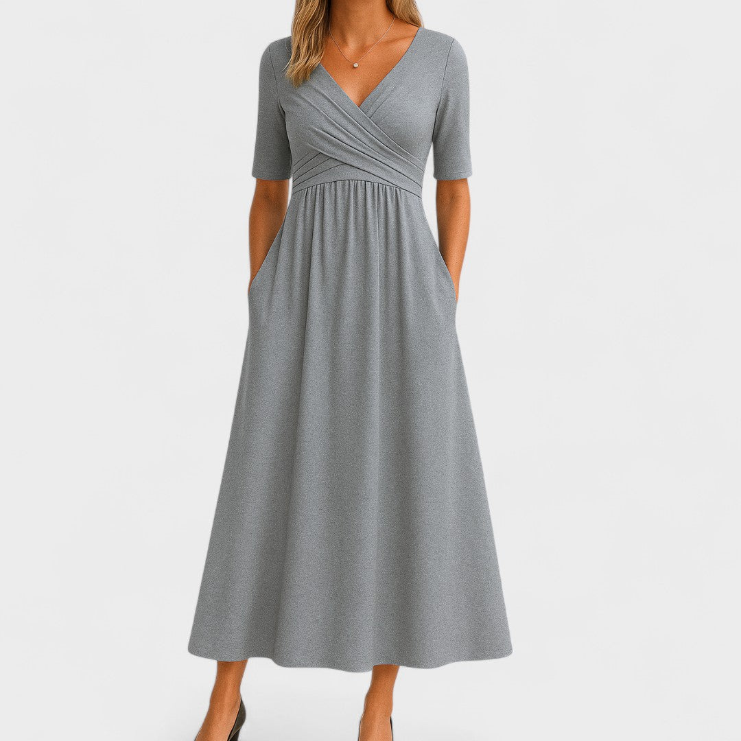 Zaviera | Women Elegant Wrap Midi Dress with Short Sleeves and Relaxed Fit