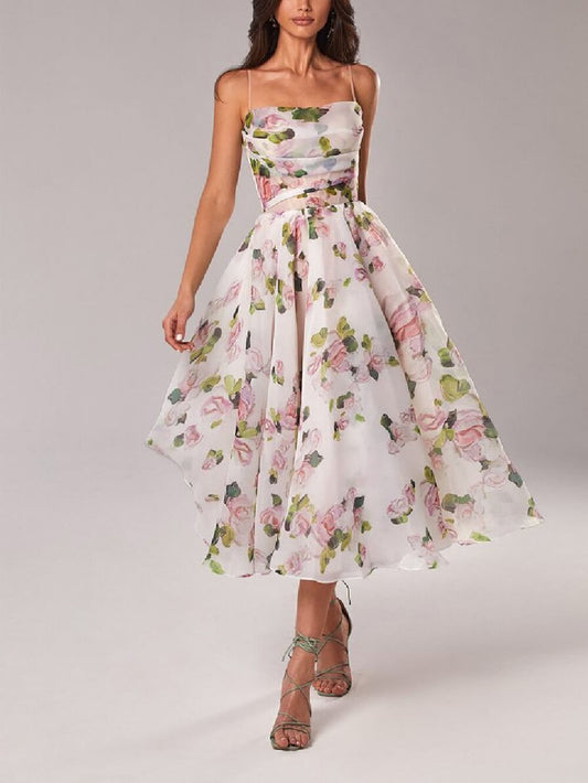 Aria | Women's floral A-line midi dress with spaghetti straps