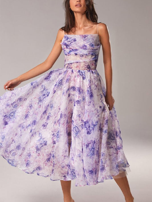 Aria | Women's floral A-line midi dress with spaghetti straps
