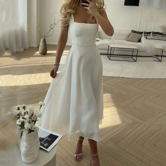 Alana | Women’s Classic Midi Dress With Thin Straps And Flowing Skirt