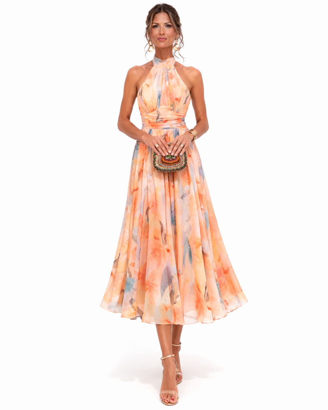 Layla | Watercolor print halter neck midi dress with flowing fit