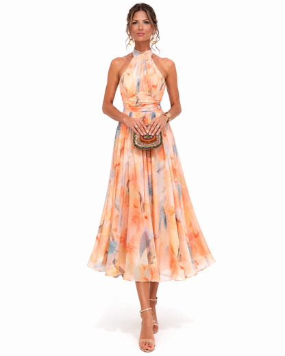 Layla | Watercolor print halter neck midi dress with flowing fit