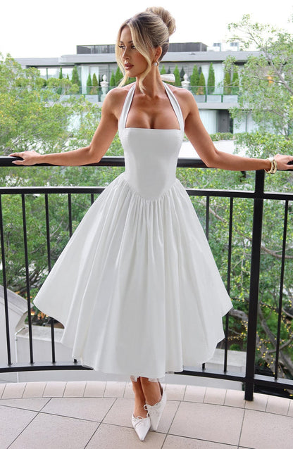 Phoebe | Women’s Elegant Halter Neck Midi Dress With Pleated Skirt