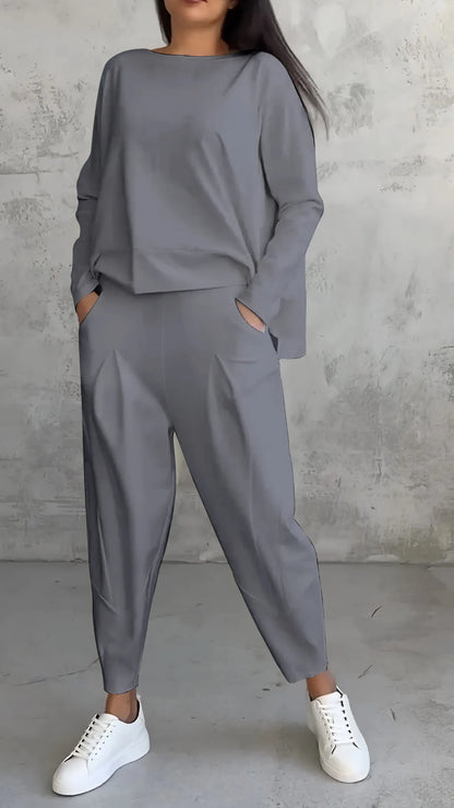 Solviera | Women Two Piece Set with Long Sleeve Top and Relaxed Fit Pants