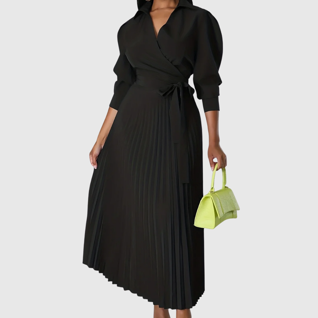 Luna | Pleated Wrap Midi Dress with Long Sleeves