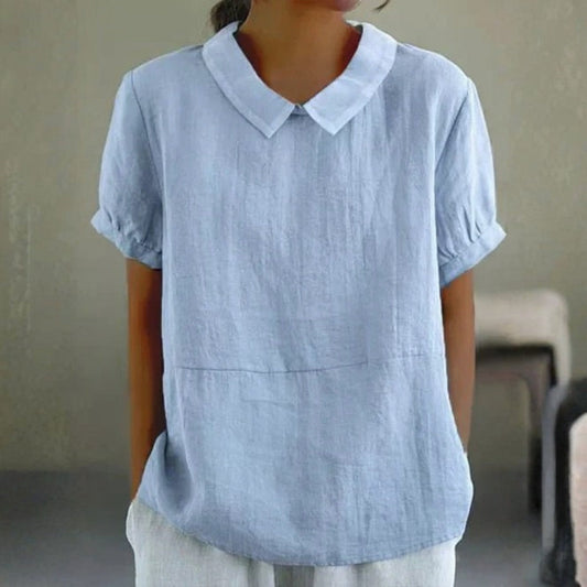 Adeline | Women Linen Peter Pan Collar Blouse with Soft Short Sleeve