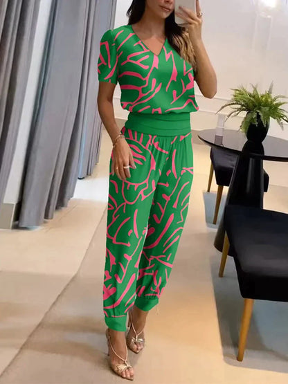 Orlina | Women Casual Two Piece Set with V Neck Top and Loose Pants