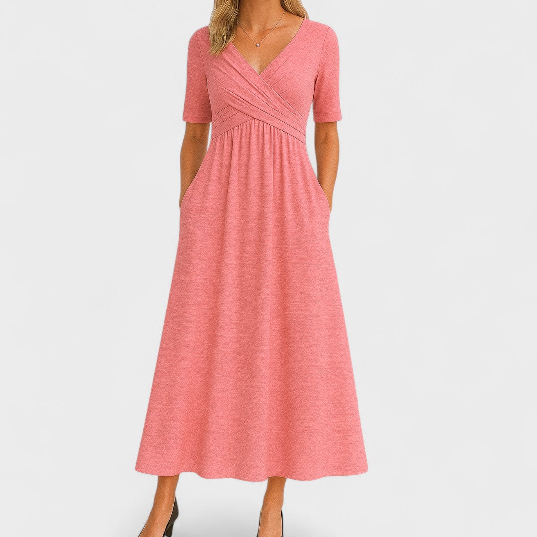 Zaviera | Women Elegant Wrap Midi Dress with Short Sleeves and Relaxed Fit