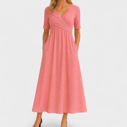 Zaviera | Women Elegant Wrap Midi Dress with Short Sleeves and Relaxed Fit