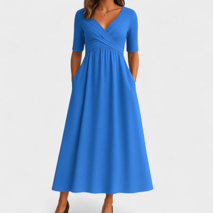 Zaviera | Women Elegant Wrap Midi Dress with Short Sleeves and Relaxed Fit
