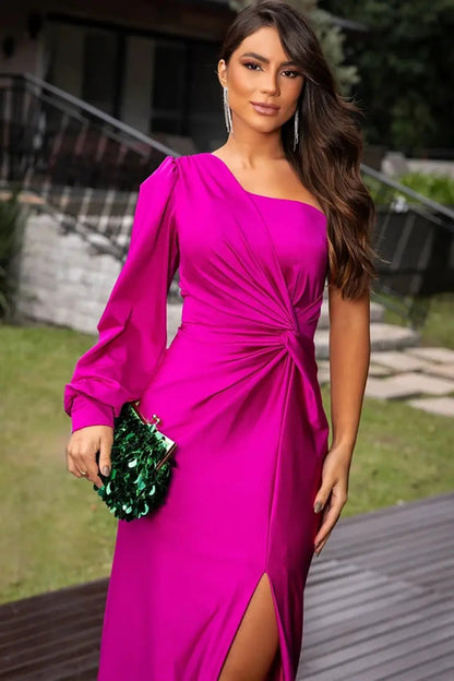 Monroe | One shoulder maxi dress with draped sleeve slit