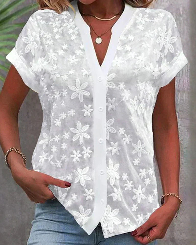 Penelope | Women's floral lace blouse with button down short sleeves