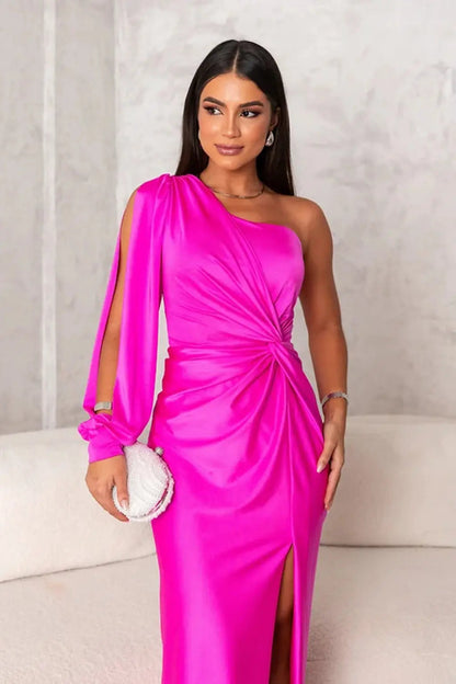 Monroe | One shoulder maxi dress with draped sleeve slit