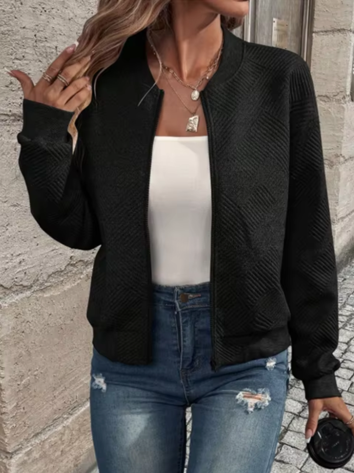 Helen | Textured Long Sleeve Sweater with Zip Closure