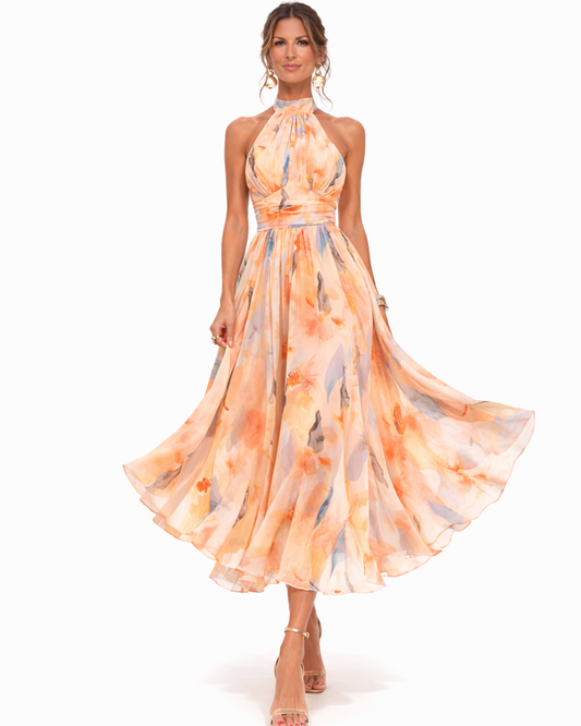 Layla | Watercolor print halter neck midi dress with flowing fit
