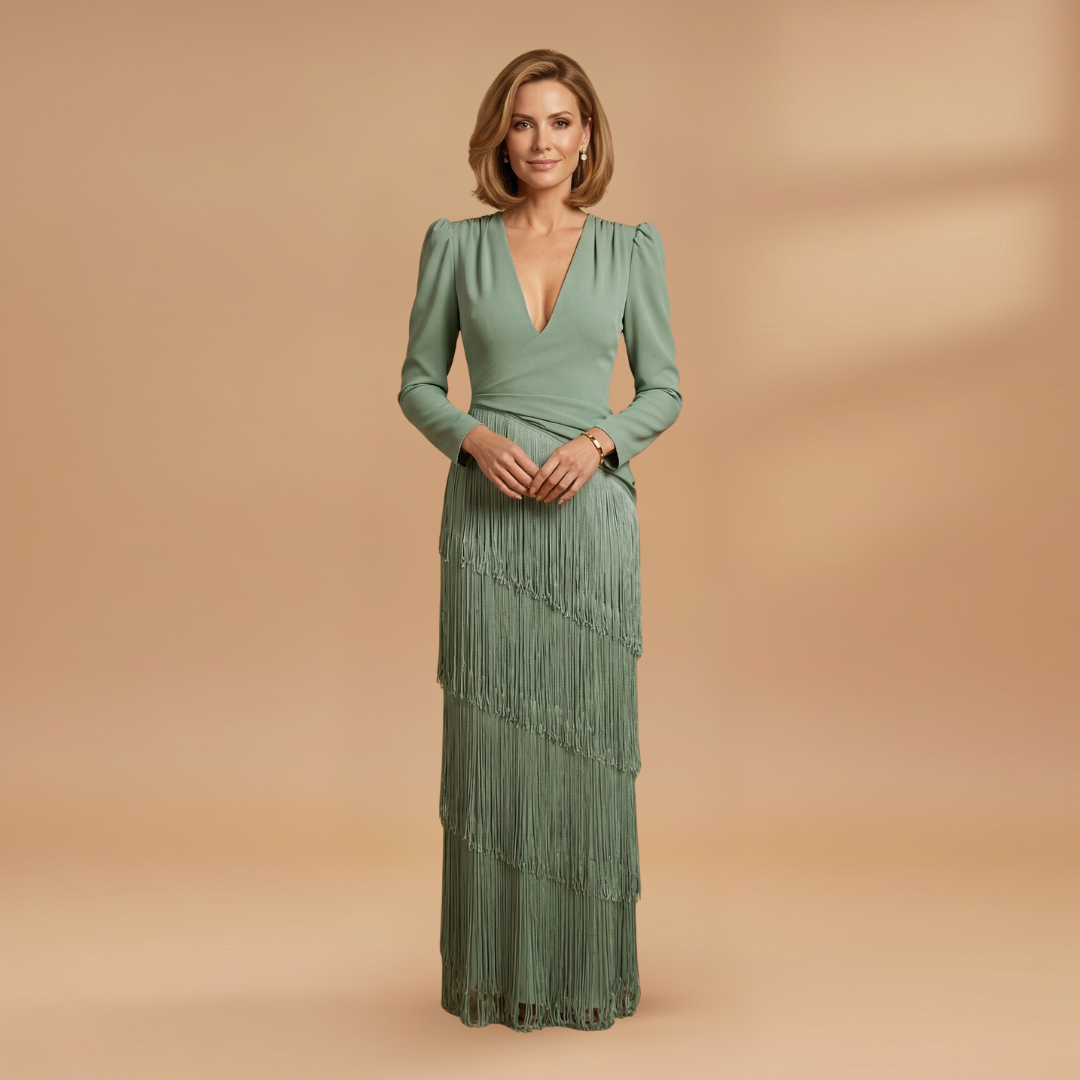 Amelia | Women’s banquet dress with V neck tassel hem