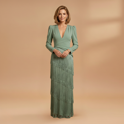 Amelia | Women’s banquet dress with V neck tassel hem