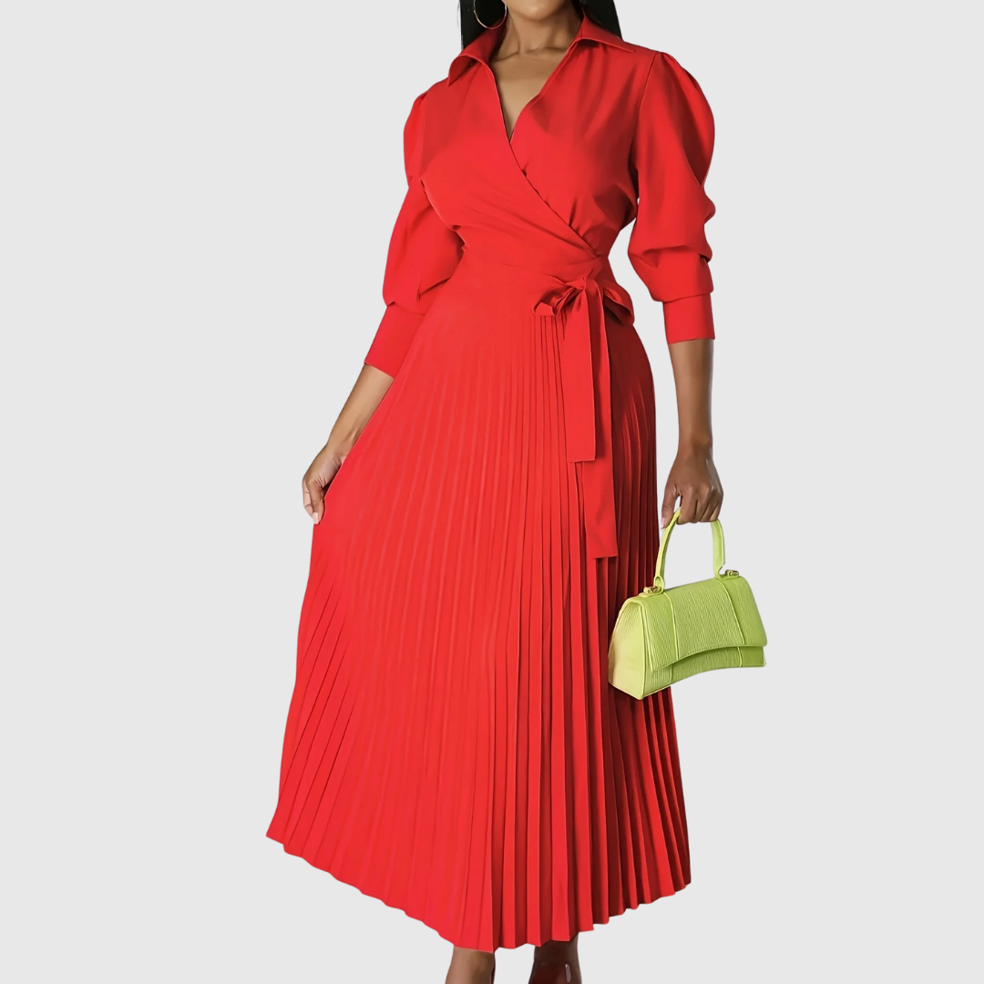 Luna | Pleated Wrap Midi Dress with Long Sleeves