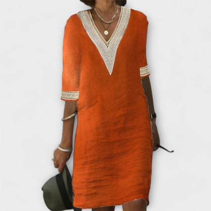 Sophie | Women’s boho relaxed dress with lace trim V neck