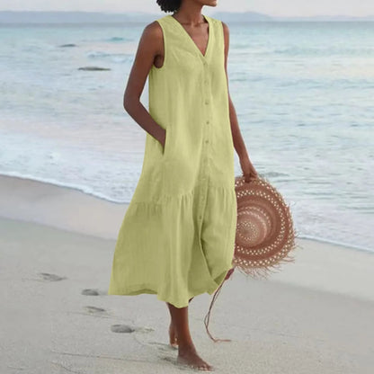 Sophia | Casual Sleeveless Midi Summer Dress with V Neck and Pockets