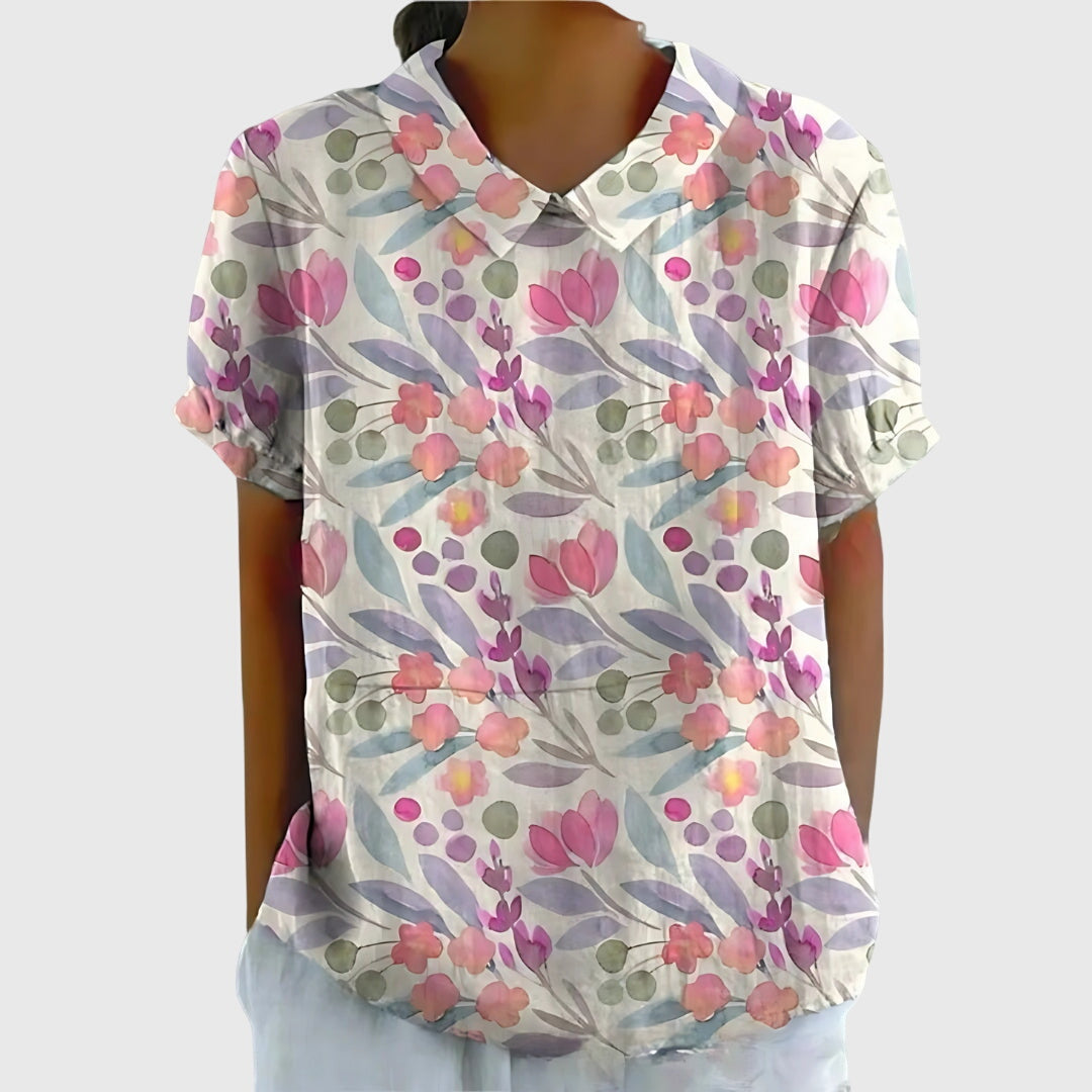 Ivy | Floral Blouse with Short Sleeve Button Front Design