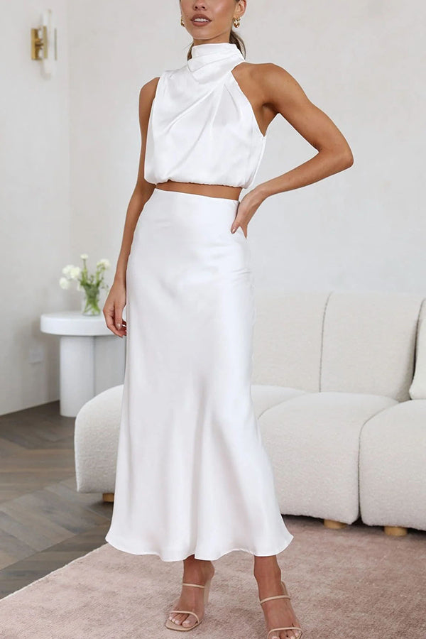 Selvara | Women Two Piece Maxi Skirt Set with Halter Neck Top and Flowing Skirt