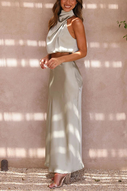 Selvara | Women Two Piece Maxi Skirt Set with Halter Neck Top and Flowing Skirt