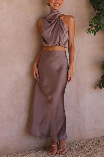 Selvara | Women Two Piece Maxi Skirt Set with Halter Neck Top and Flowing Skirt