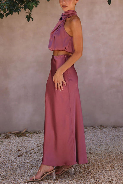Selvara | Women Two Piece Maxi Skirt Set with Halter Neck Top and Flowing Skirt