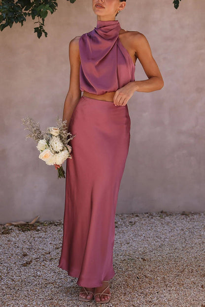 Selvara | Women Two Piece Maxi Skirt Set with Halter Neck Top and Flowing Skirt