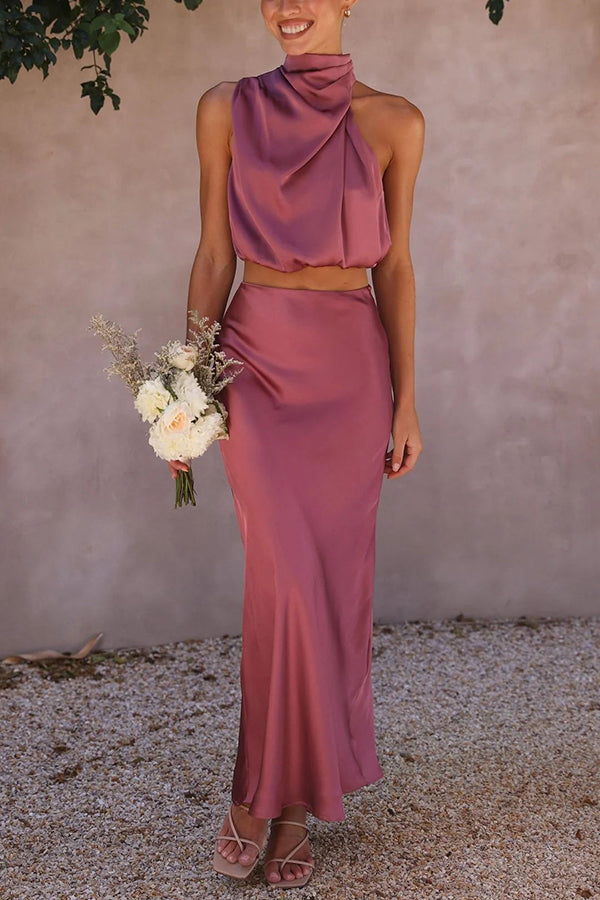 Selvara | Women Two Piece Maxi Skirt Set with Halter Neck Top and Flowing Skirt