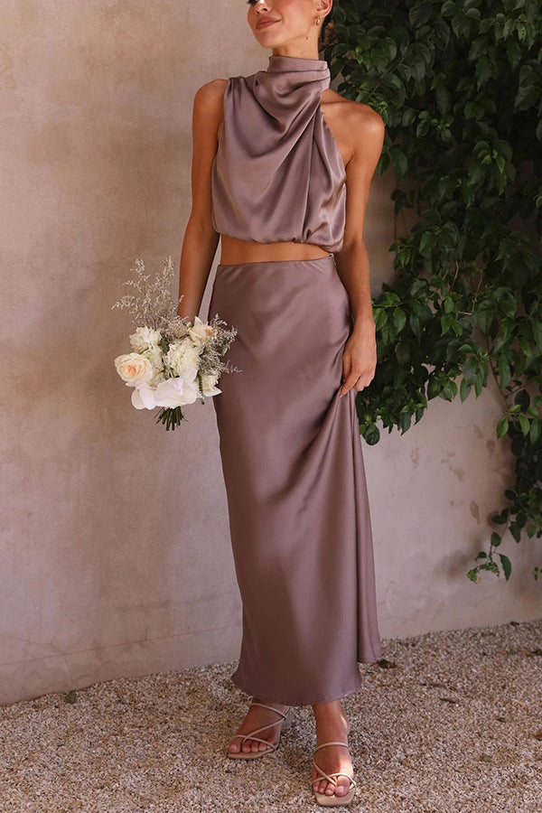 Selvara | Women Two Piece Maxi Skirt Set with Halter Neck Top and Flowing Skirt