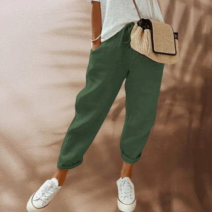 Yalena | Women’s Linen-Blend Drawstring Waist Trousers | Lightweight
