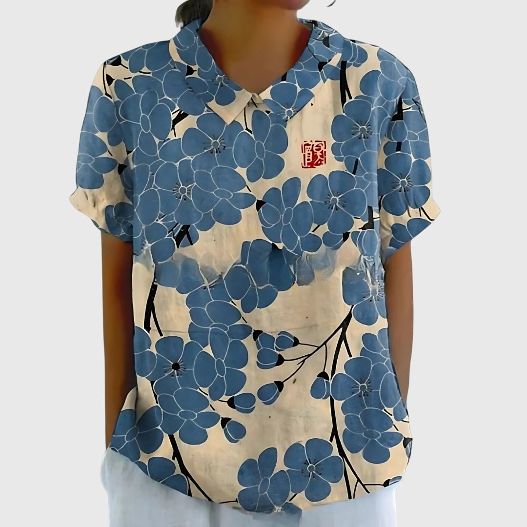 Ivy | Floral Blouse with Short Sleeve Button Front Design