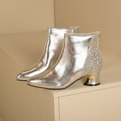 Emily | Modern Silver Metallic Ankle Boots with Glitter Detail