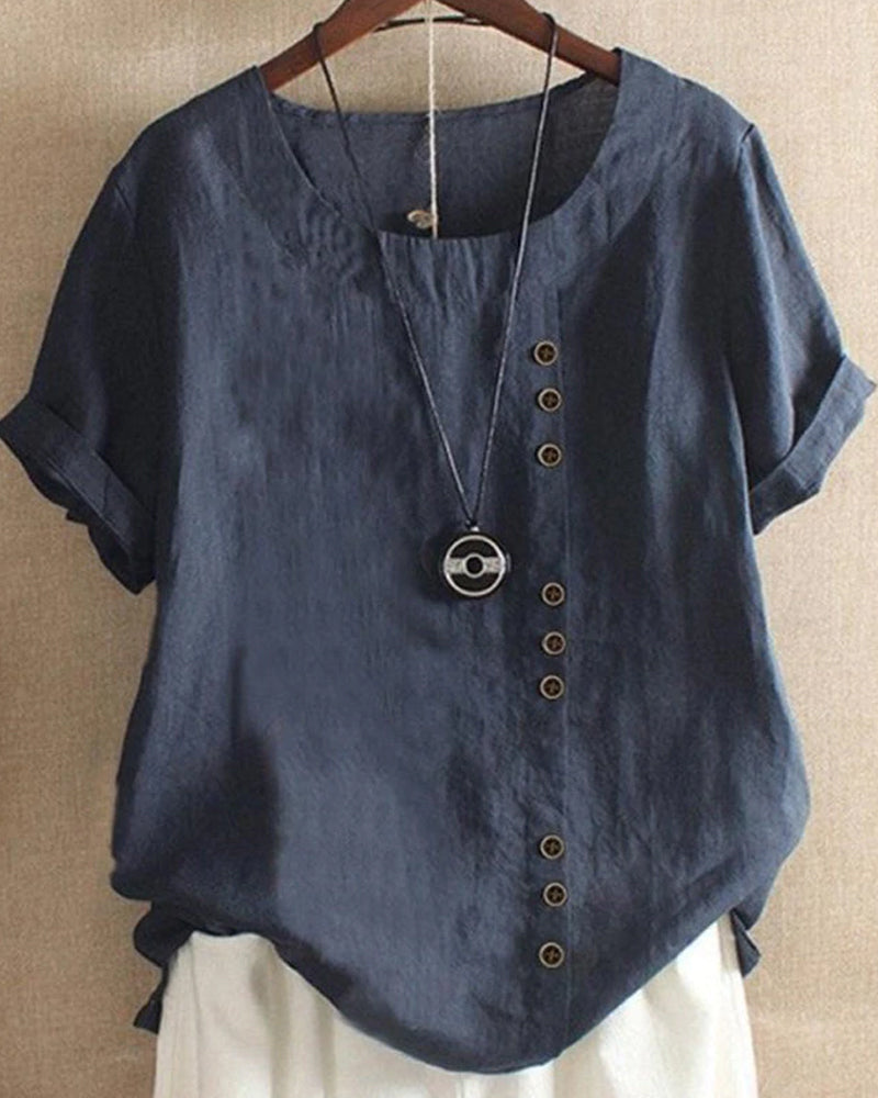 Xaria | Women’s Elegant  Round-Neck Blouse  with Short-Sleeve | Button