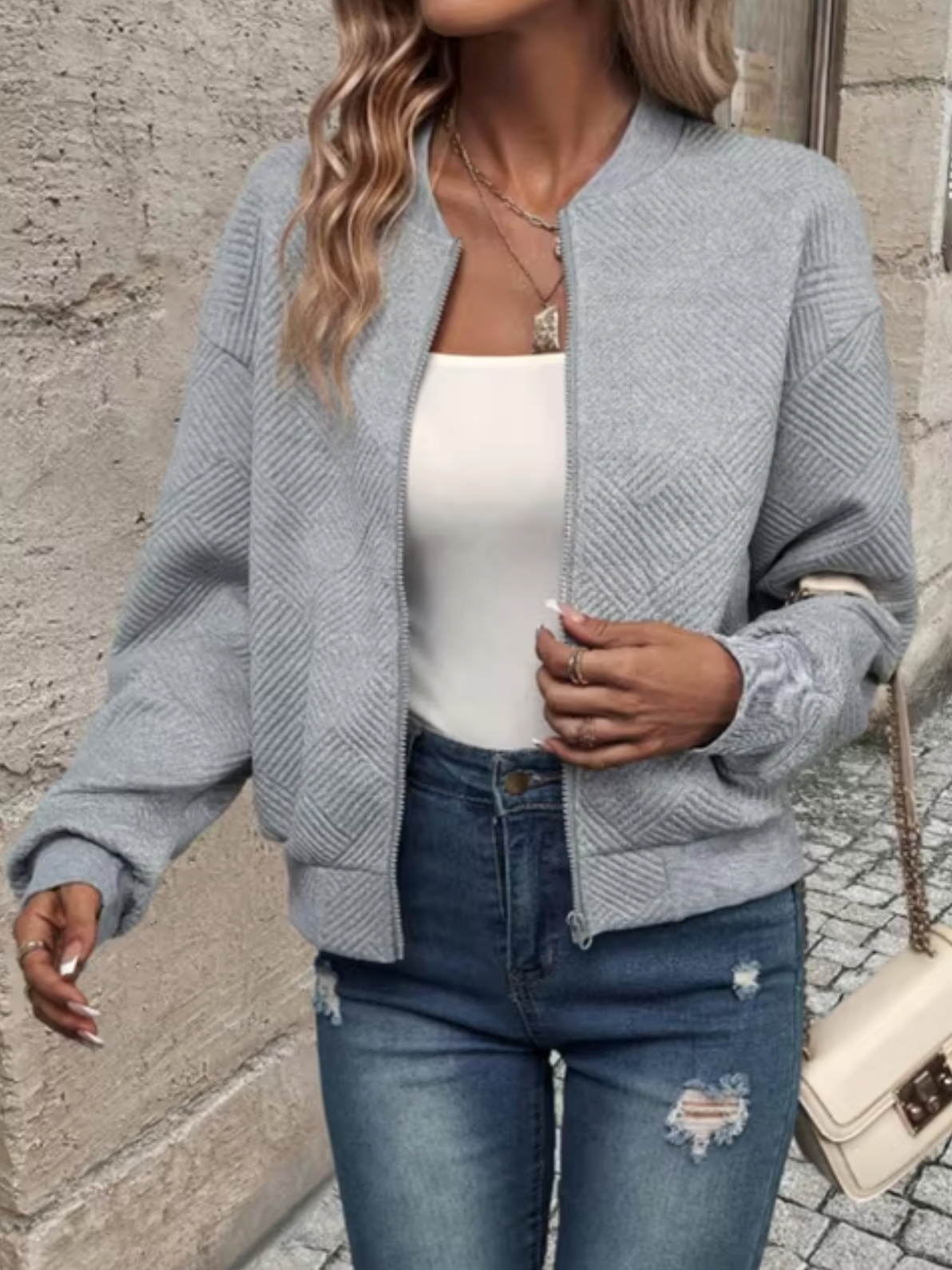Helen | Textured Long Sleeve Sweater with Zip Closure