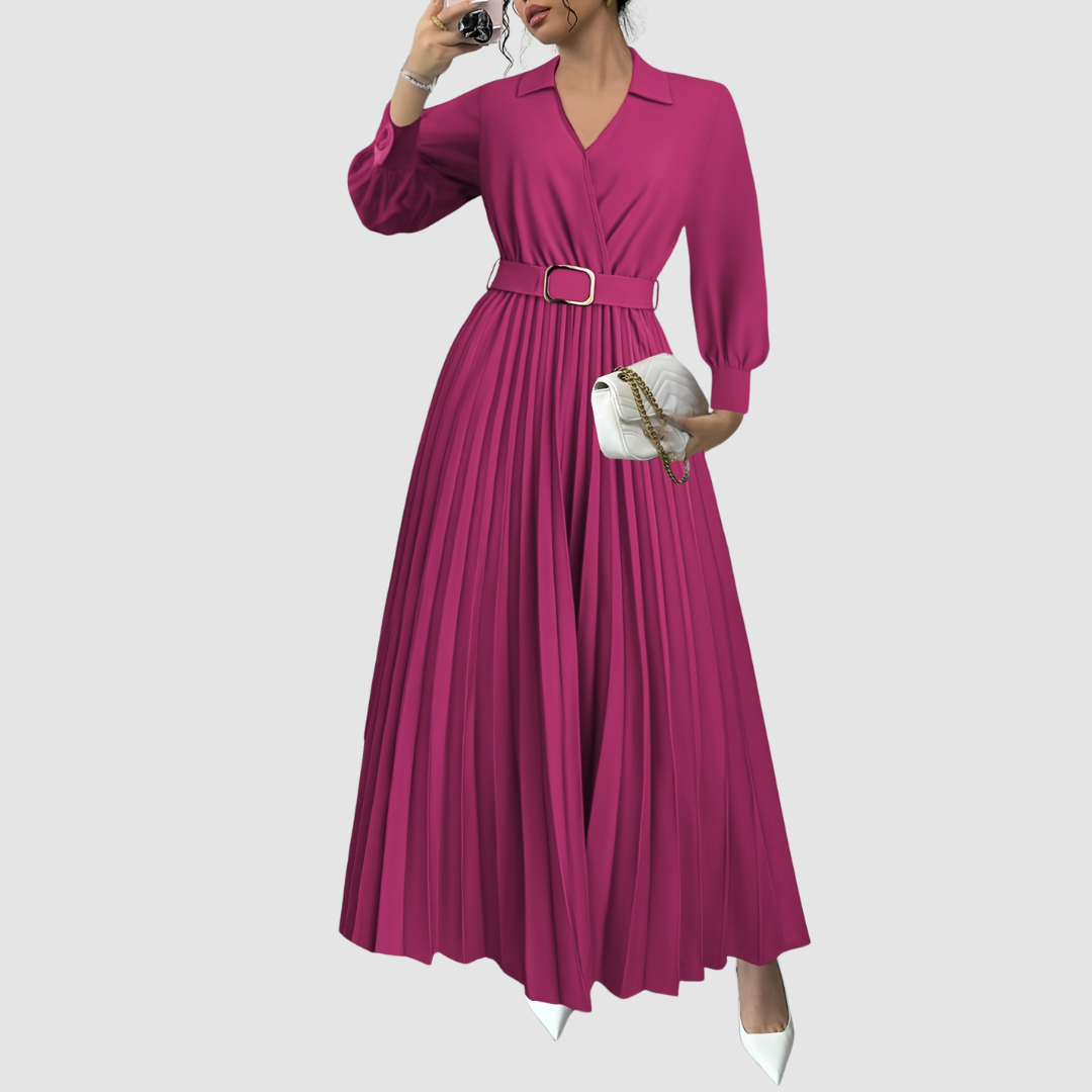 Aurora | Pleated Belted Midi Dress with Long Sleeves