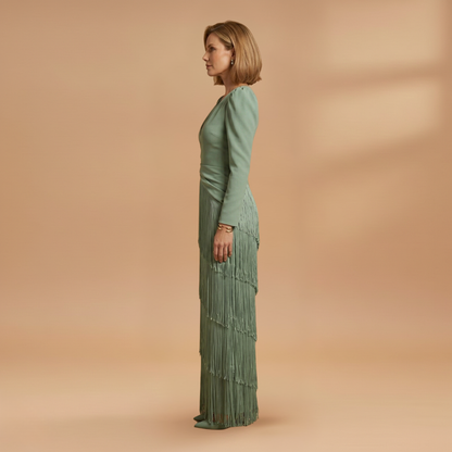 Amelia | Women’s banquet dress with V neck tassel hem