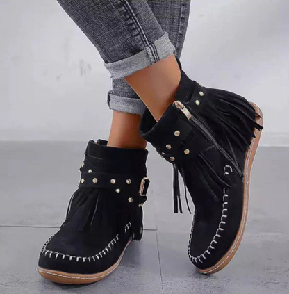 Harper | Stylish Suede Fringe Ankle Boots with Buckle