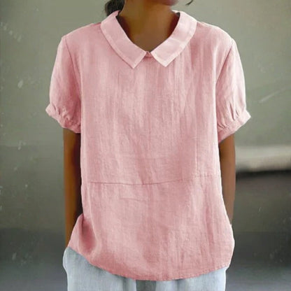 Adeline | Women Linen Peter Pan Collar Blouse with Soft Short Sleeve